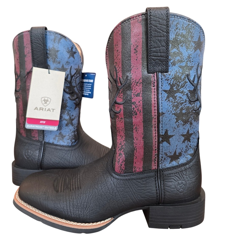 Ariat Mens 8 Sport Liberty Antler Black Hippo Print Midnight Flag Boots Western